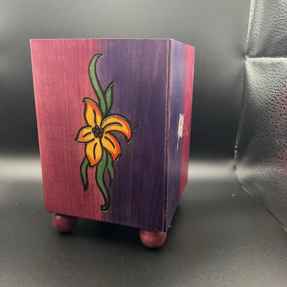 Handmade Wooden 3 Drawer Trinket Chest Bright Colors Carved Fairy Flowers Poland